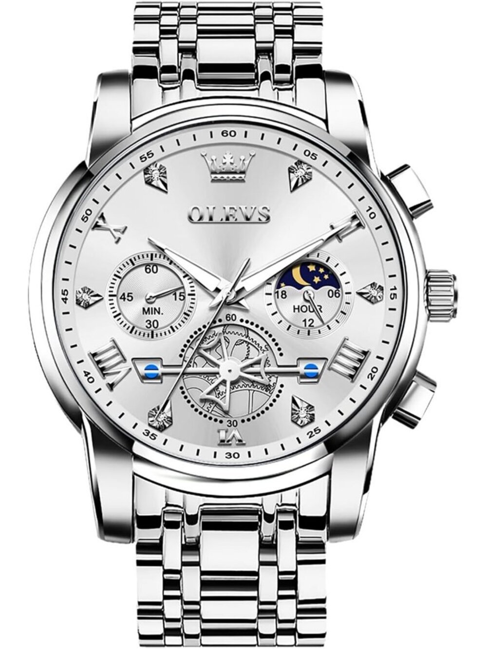 Men's White / Silver Stainless Steel Chronograph Waterproof Quartz Dress Watch